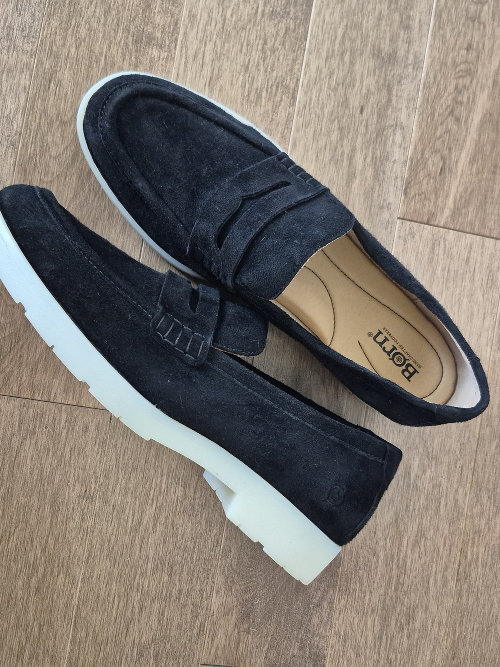 Born Bree Black Suede Slip-On Penny Loafers with White Sole